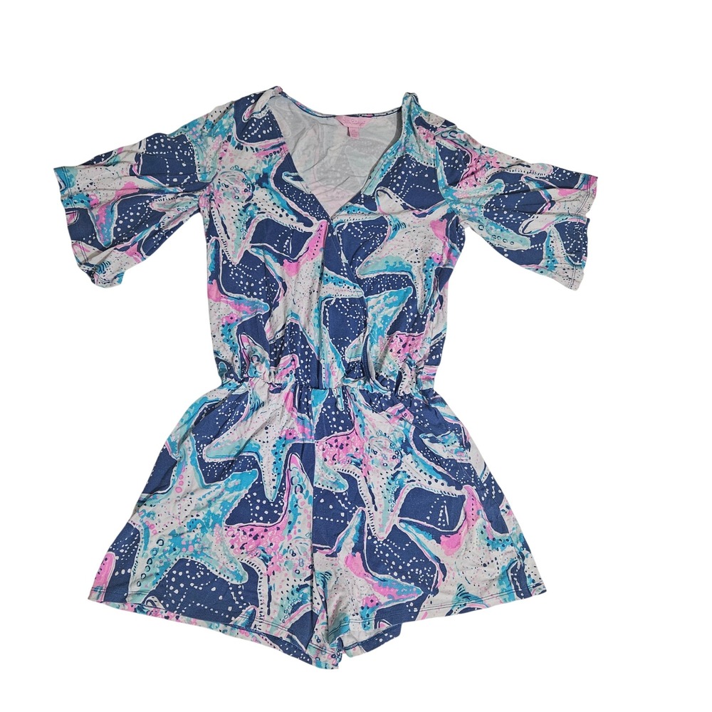 Lilly Pulitzer Starfish Print V-Neck Flutter Sleeve Romper Blue Pink XS